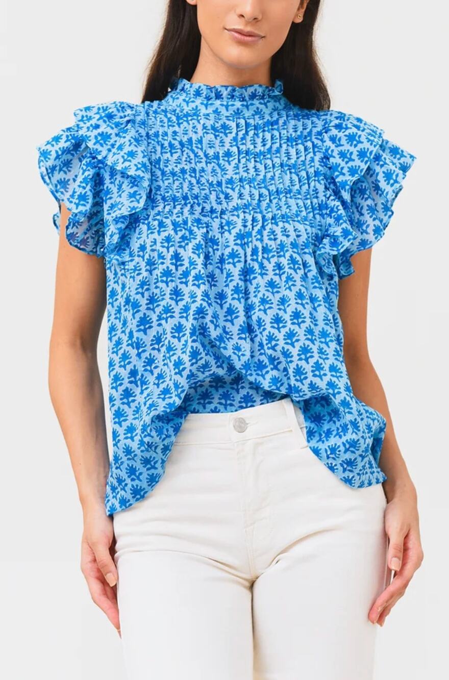Oliphant Tuckernuck Pintuck Ruffle Pleat Blouse Top Block Print Blue Cotton XXS